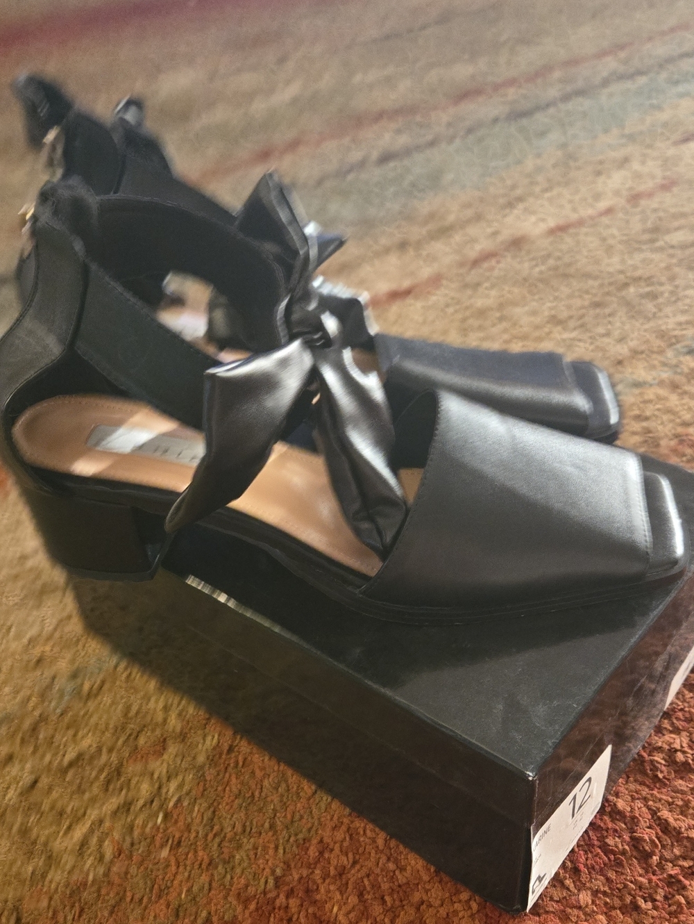 Women's Black Block Heel Sandals with Bow Accent